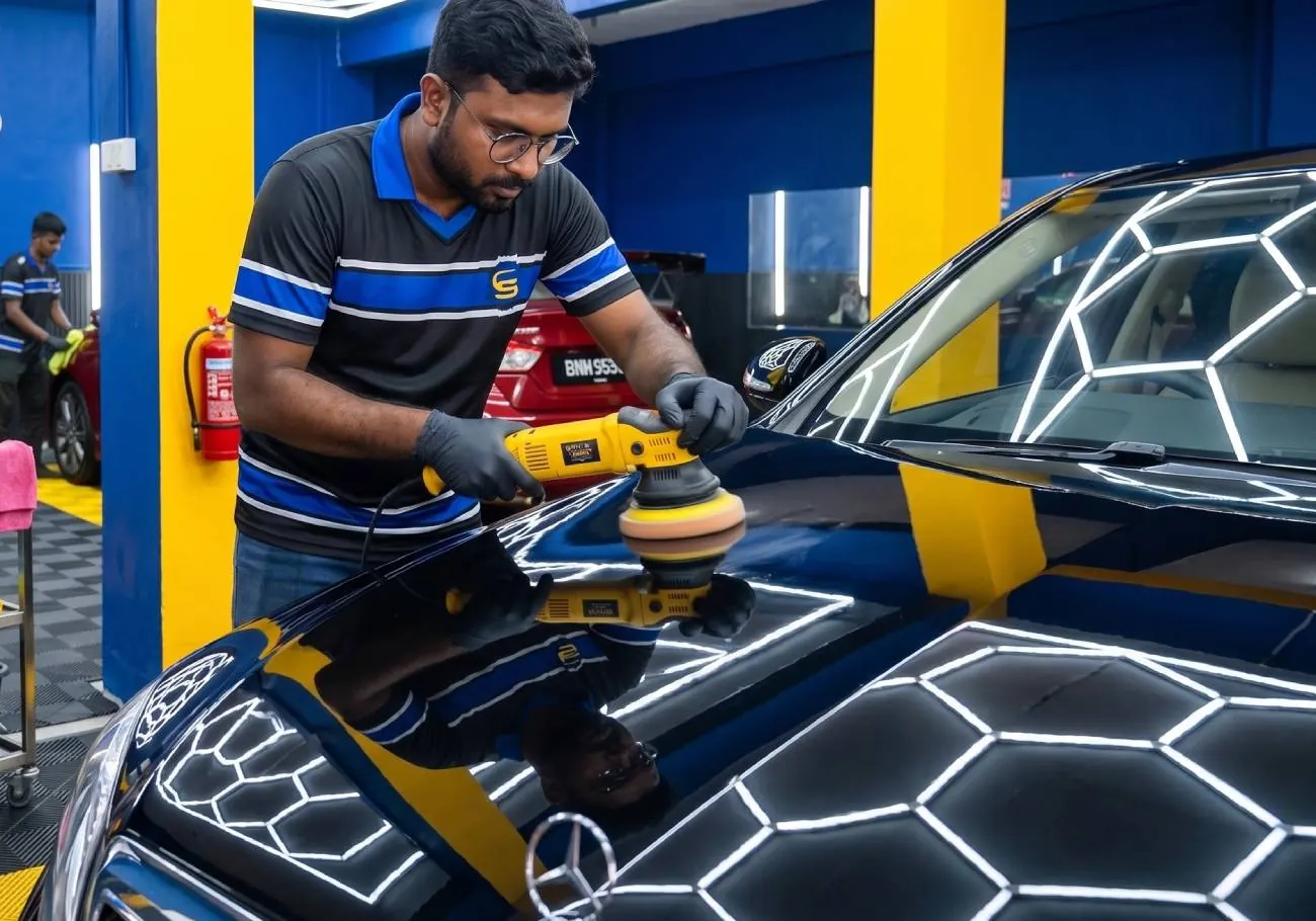 Polishing a black Mercedes under the hexagonal LED rig