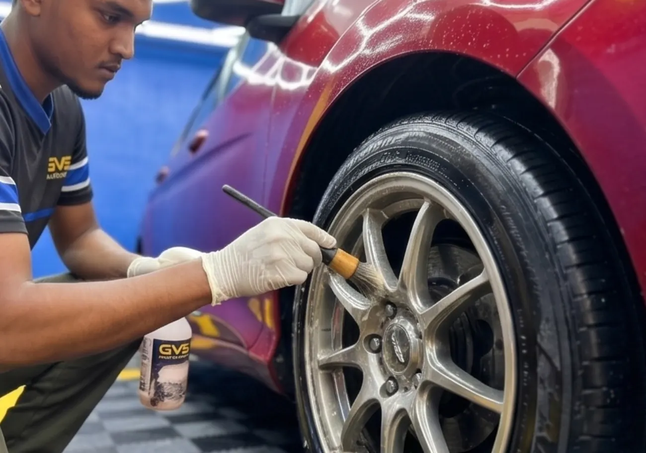 A technician brushing brake dust from an alloy wheel